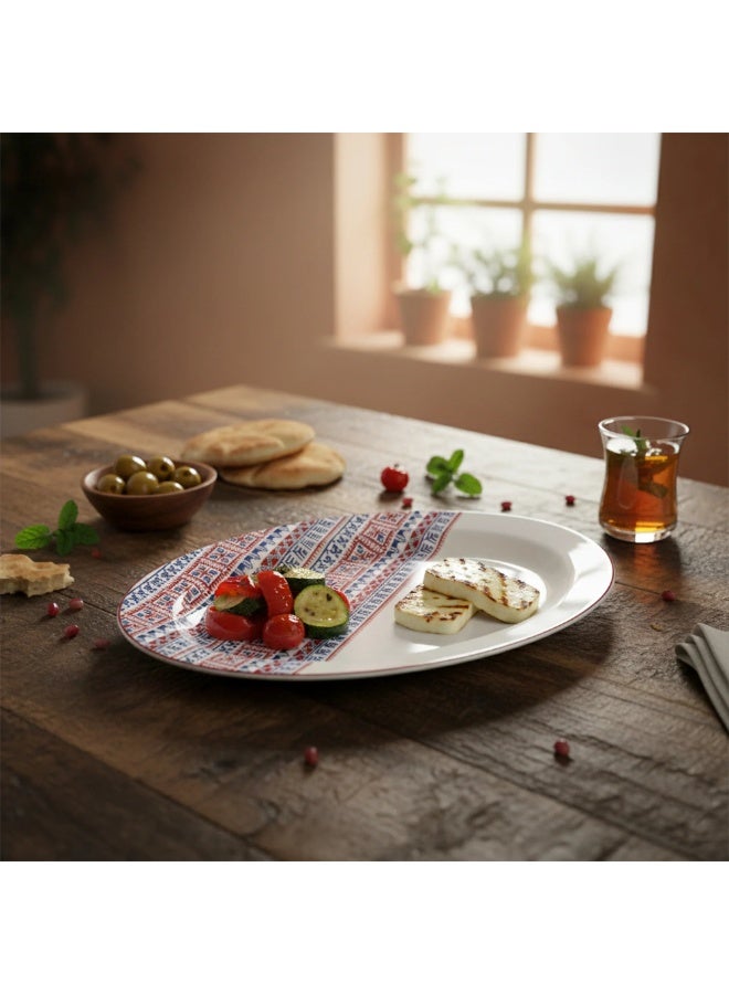 AKDC Luhpar Premium 12-Inch Ceramic Oval Serving Plate Â€“ White With Red & Blue Decorative Pattern - Image 2